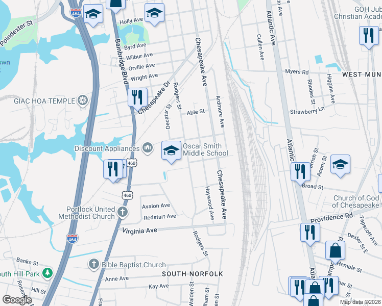 map of restaurants, bars, coffee shops, grocery stores, and more near 2301 Rodgers Street in Chesapeake