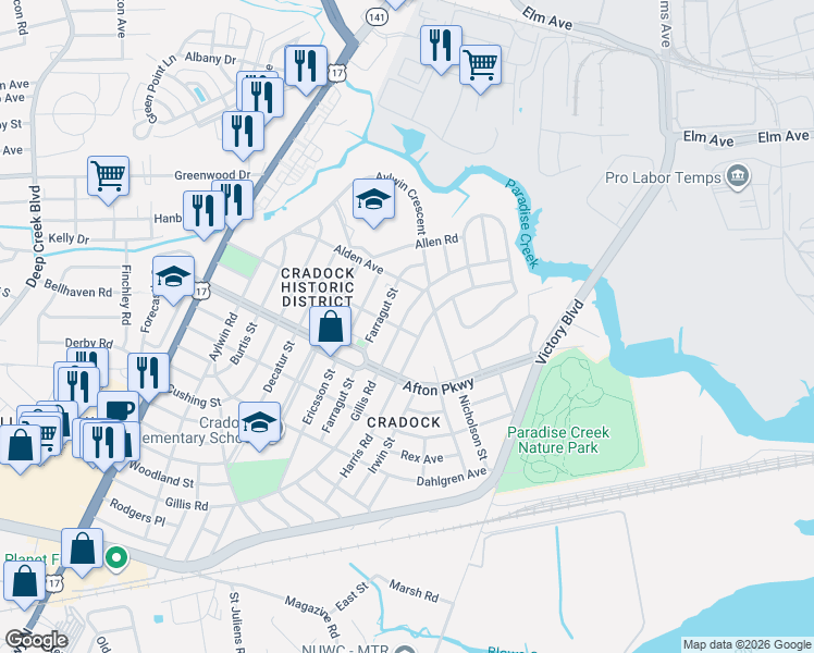 map of restaurants, bars, coffee shops, grocery stores, and more near 38 Gillis Road in Portsmouth