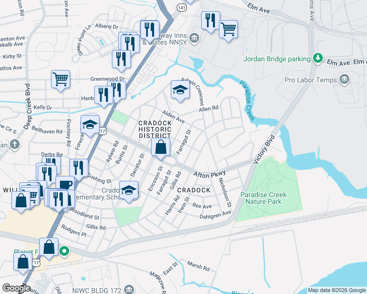map of restaurants, bars, coffee shops, grocery stores, and more near 37 Farragut Street in Portsmouth