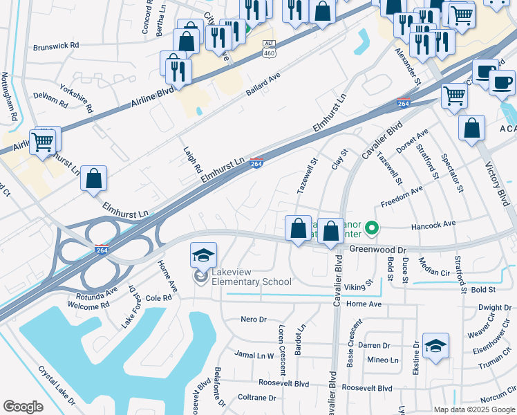 map of restaurants, bars, coffee shops, grocery stores, and more near 1607 Darren Circle in Portsmouth