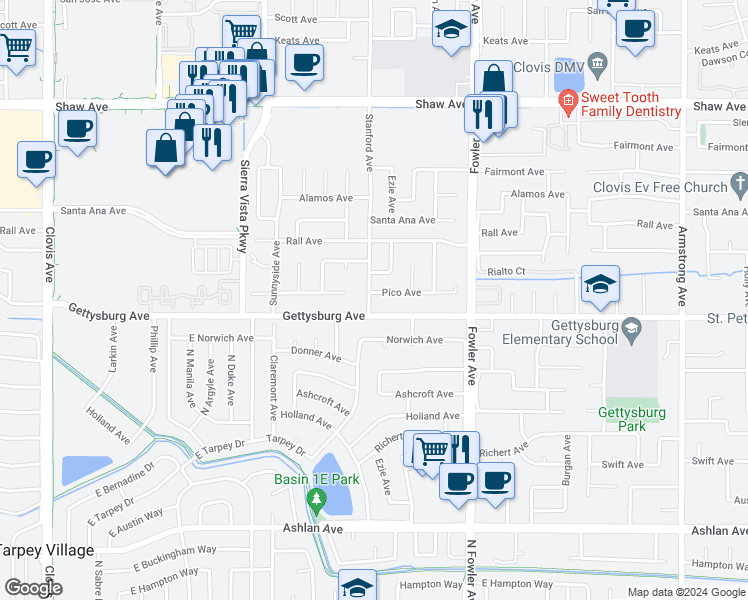 map of restaurants, bars, coffee shops, grocery stores, and more near 1606 Pico Avenue in Clovis