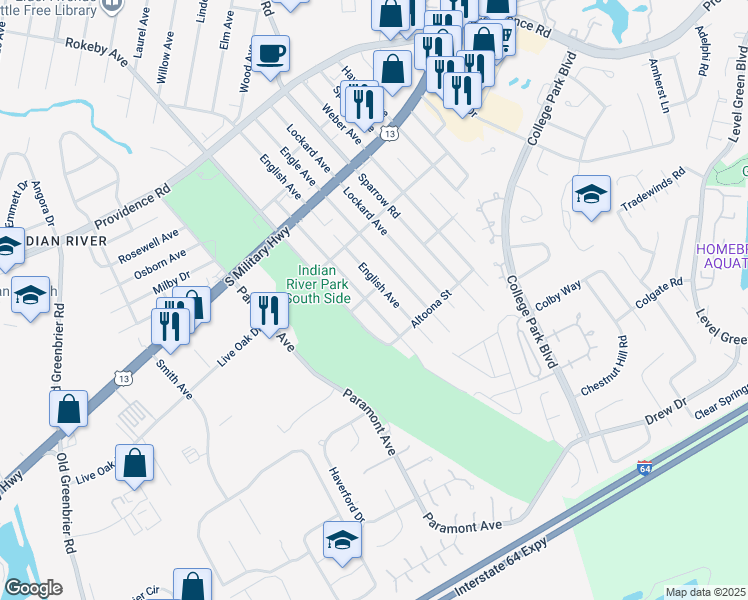 map of restaurants, bars, coffee shops, grocery stores, and more near 2104 Miller Avenue in Chesapeake