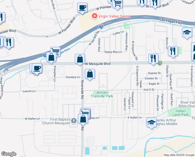 map of restaurants, bars, coffee shops, grocery stores, and more near 123 Desert Willow Lane in Mesquite