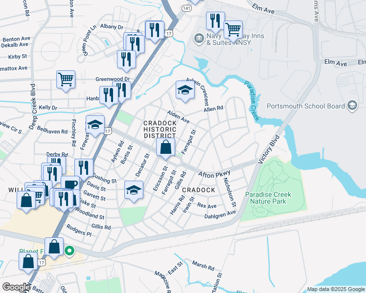 map of restaurants, bars, coffee shops, grocery stores, and more near 41 Farragut Street in Portsmouth