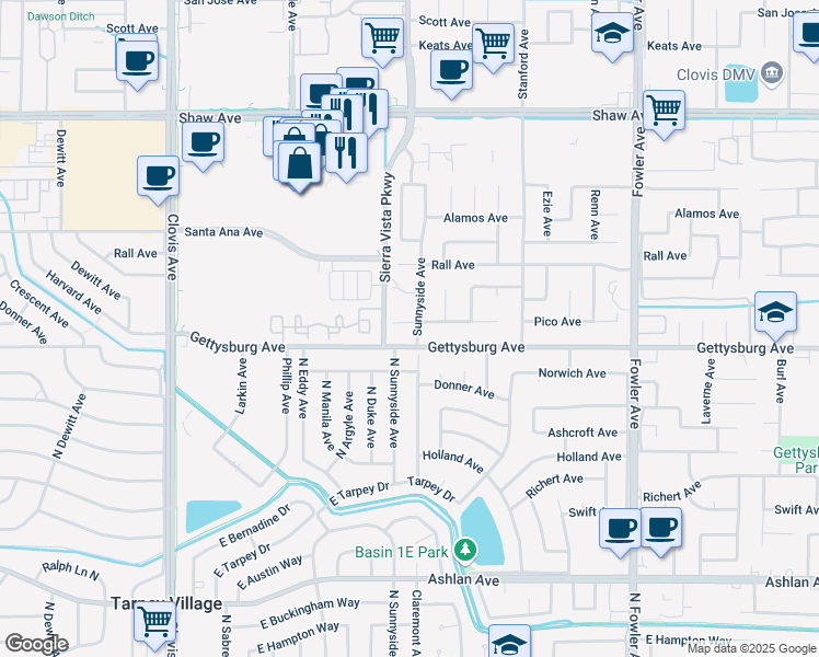 map of restaurants, bars, coffee shops, grocery stores, and more near 1345 Gettysburg Avenue in Clovis