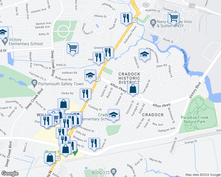 map of restaurants, bars, coffee shops, grocery stores, and more near 33 Burtis Street in Portsmouth