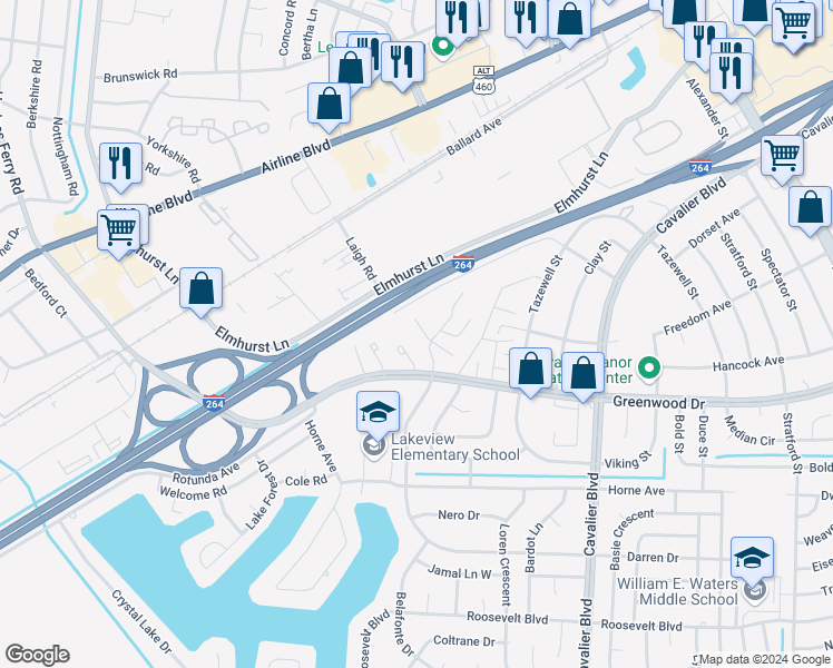 map of restaurants, bars, coffee shops, grocery stores, and more near 1518 Darren Circle in Portsmouth