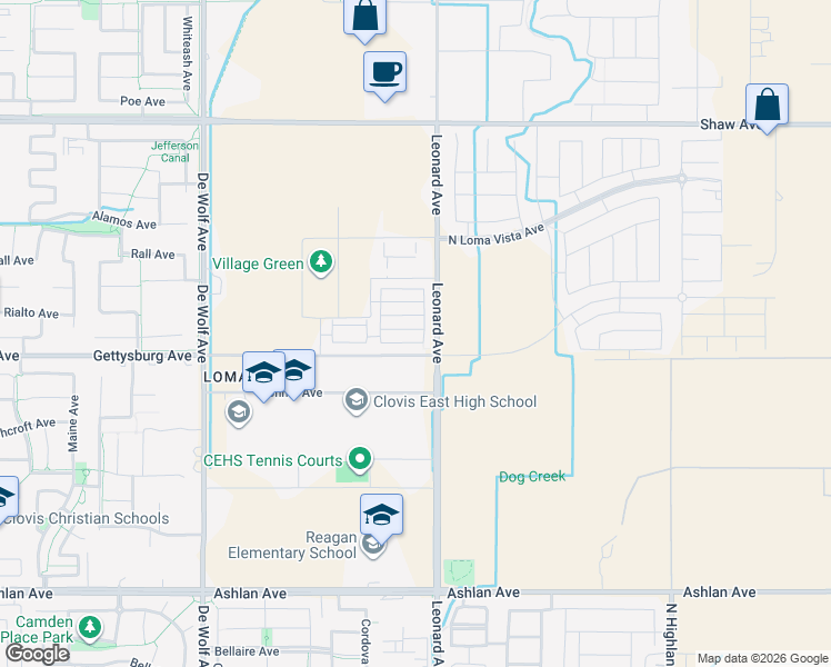 map of restaurants, bars, coffee shops, grocery stores, and more near 3780 Highclere Way in Clovis