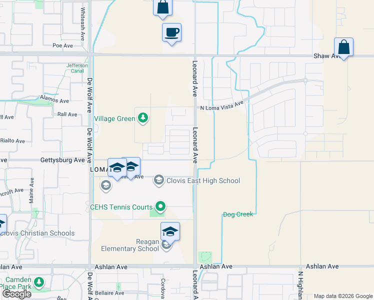 map of restaurants, bars, coffee shops, grocery stores, and more near 3780 Highclere Way in Clovis