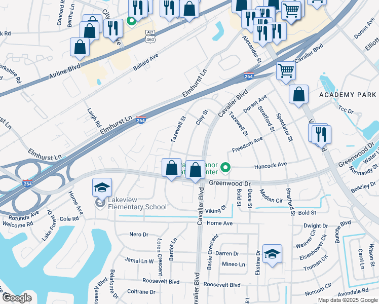 map of restaurants, bars, coffee shops, grocery stores, and more near 1010 Cavalier Boulevard in Portsmouth