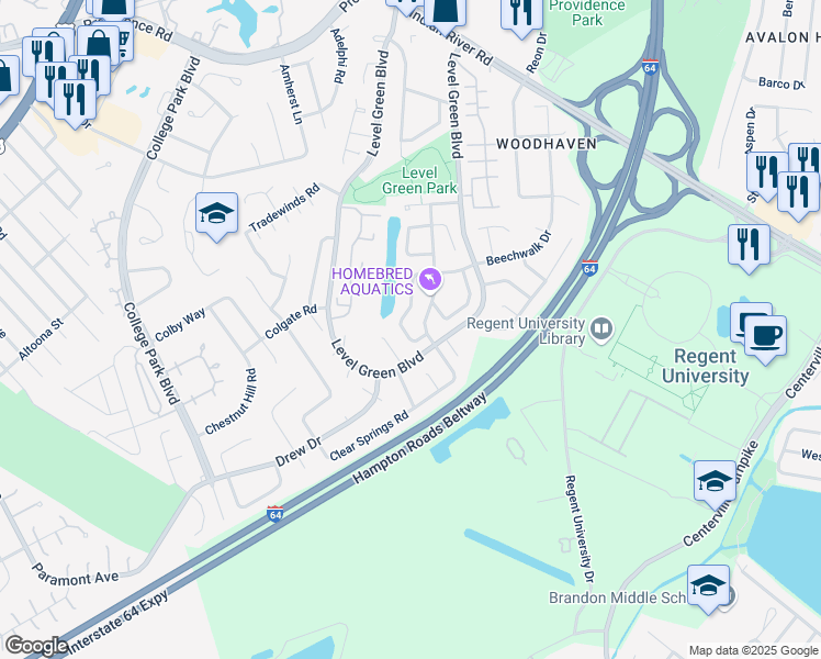 map of restaurants, bars, coffee shops, grocery stores, and more near 5973 Beechwalk Drive in Virginia Beach