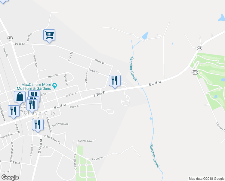 map of restaurants, bars, coffee shops, grocery stores, and more near 850 East 2nd Street in Chase City