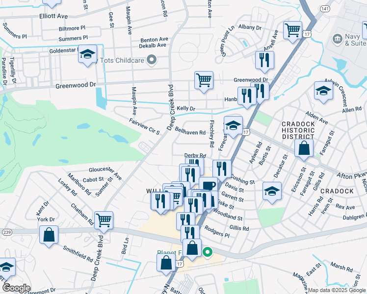map of restaurants, bars, coffee shops, grocery stores, and more near 205 Bellhaven Road in Portsmouth