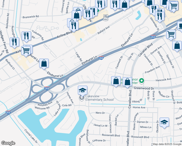 map of restaurants, bars, coffee shops, grocery stores, and more near 1564 Darren Circle in Portsmouth