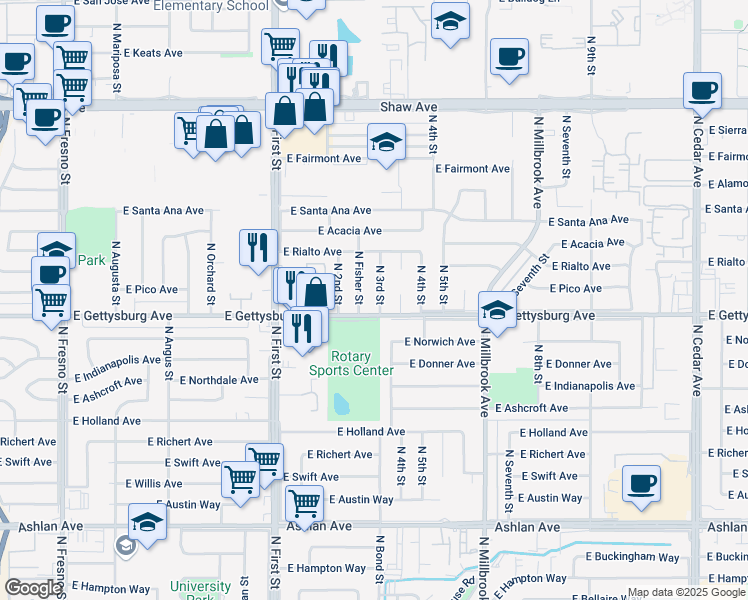 map of restaurants, bars, coffee shops, grocery stores, and more near 4617 North 3rd Street in Fresno