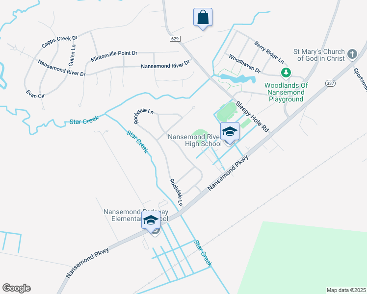 map of restaurants, bars, coffee shops, grocery stores, and more near 141 Kennet Drive in Suffolk