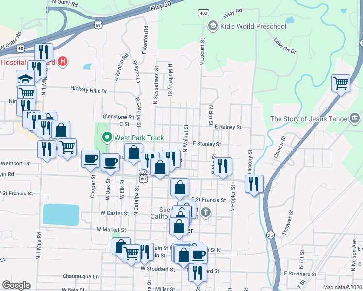 map of restaurants, bars, coffee shops, grocery stores, and more near 809 North Walnut Street in Dexter