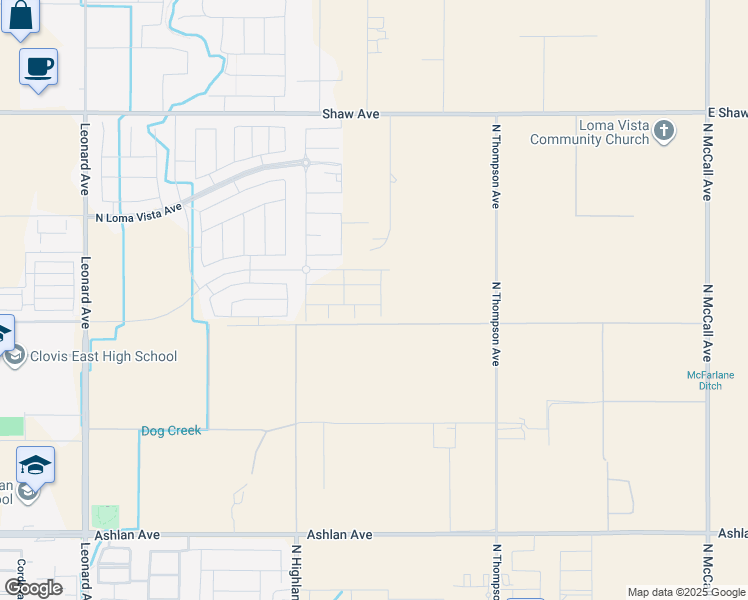 map of restaurants, bars, coffee shops, grocery stores, and more near 9121 East Shaw Avenue in Clovis