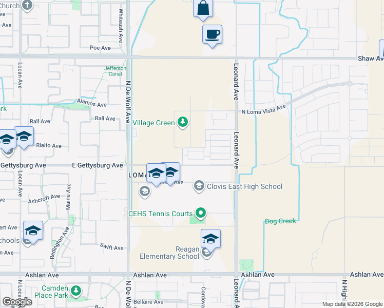 map of restaurants, bars, coffee shops, grocery stores, and more near 3659 Highclere Way in Clovis