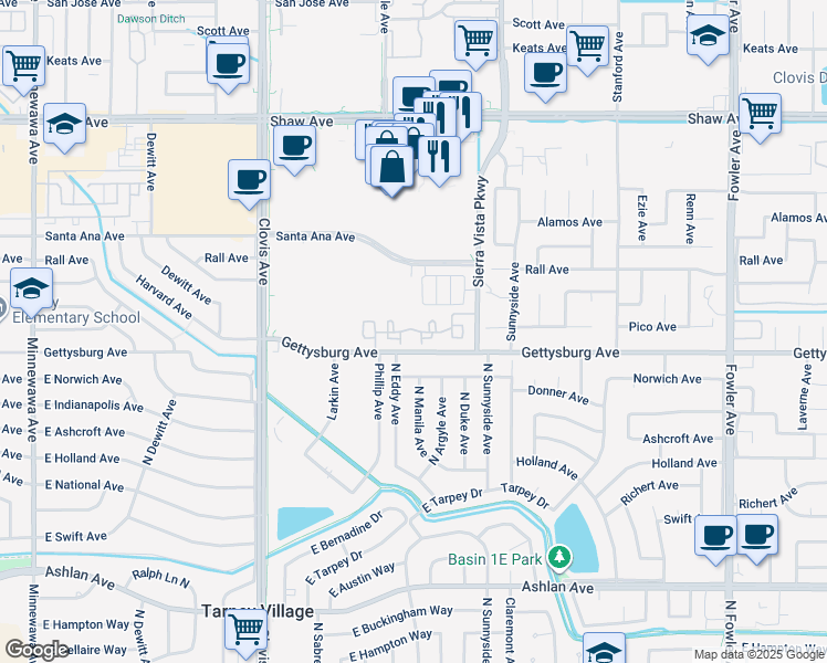 map of restaurants, bars, coffee shops, grocery stores, and more near 1220 Piazza Lane in Clovis