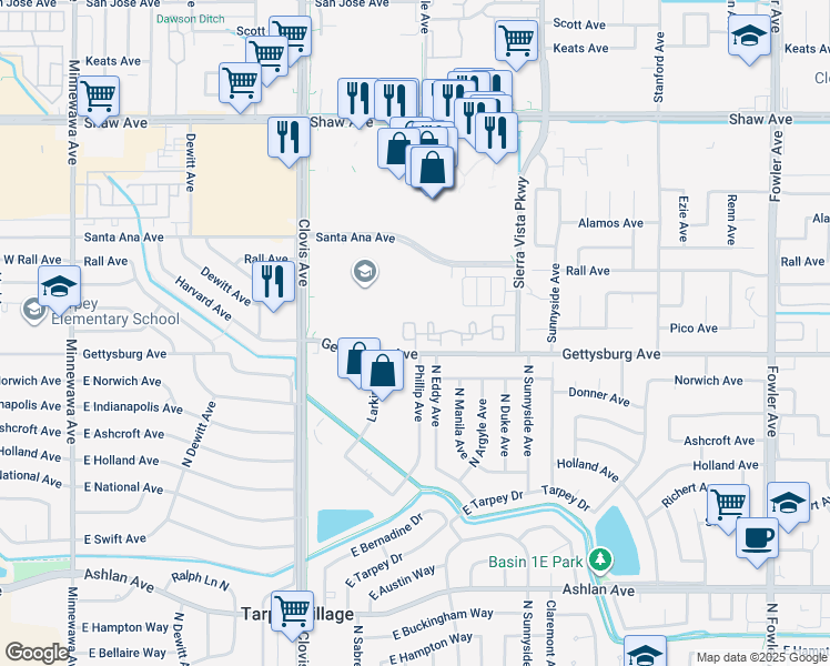 map of restaurants, bars, coffee shops, grocery stores, and more near 1103 Gettysburg Avenue in Clovis
