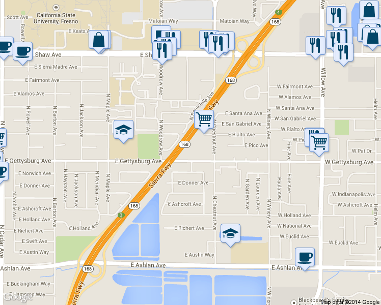 map of restaurants, bars, coffee shops, grocery stores, and more near 4741 East Gettysburg Avenue in Fresno