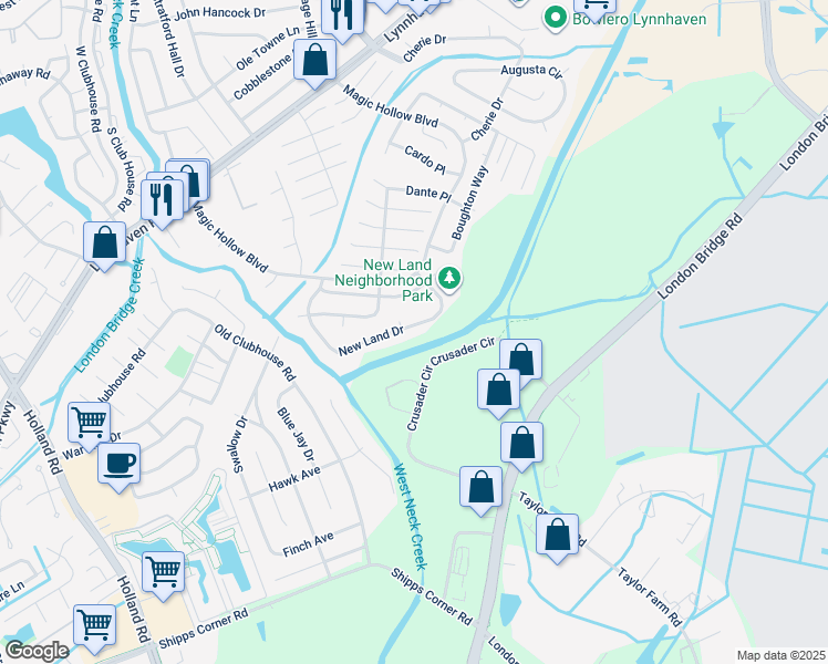 map of restaurants, bars, coffee shops, grocery stores, and more near 1283 New Land Drive in Virginia Beach