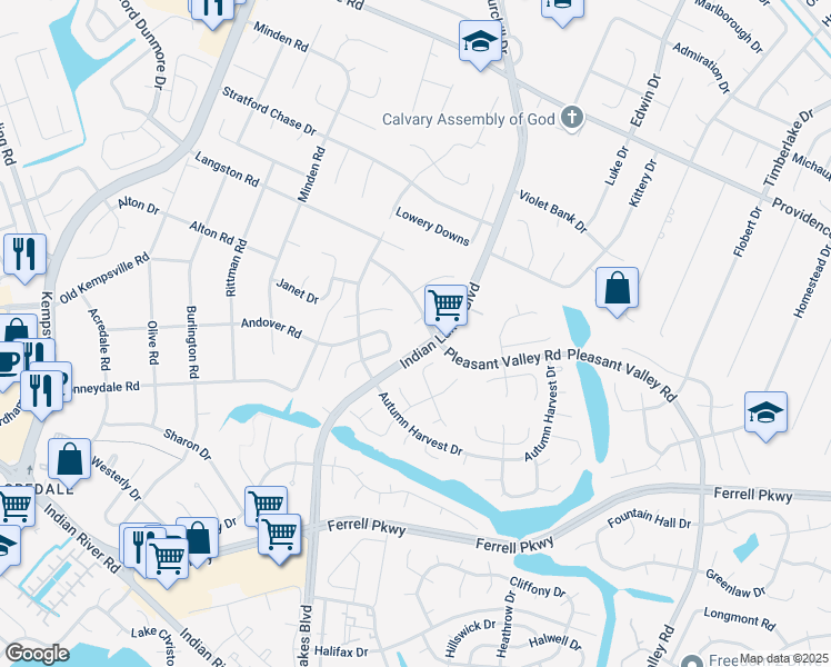 map of restaurants, bars, coffee shops, grocery stores, and more near 5051 Pleasant Valley Road in Virginia Beach