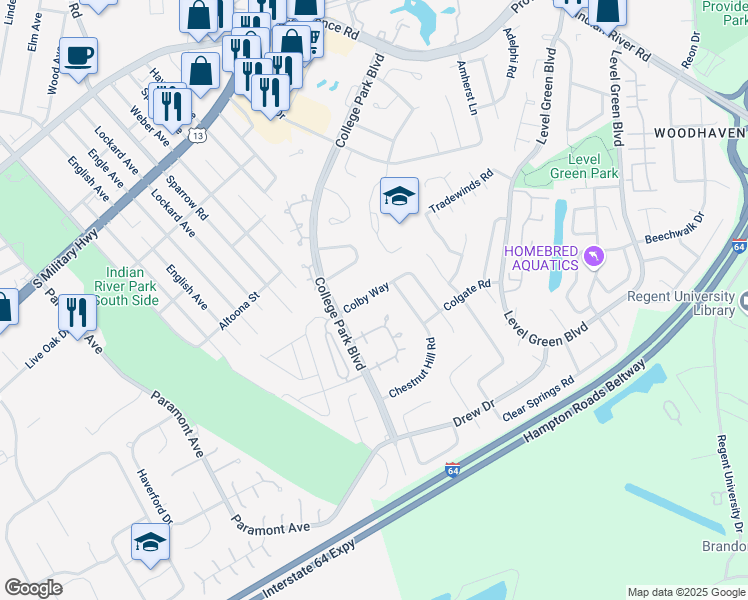 map of restaurants, bars, coffee shops, grocery stores, and more near 6320 Colby Way in Virginia Beach