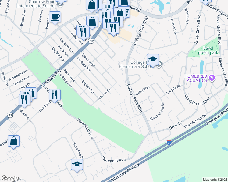 map of restaurants, bars, coffee shops, grocery stores, and more near 2125 Sparrow Road in Chesapeake
