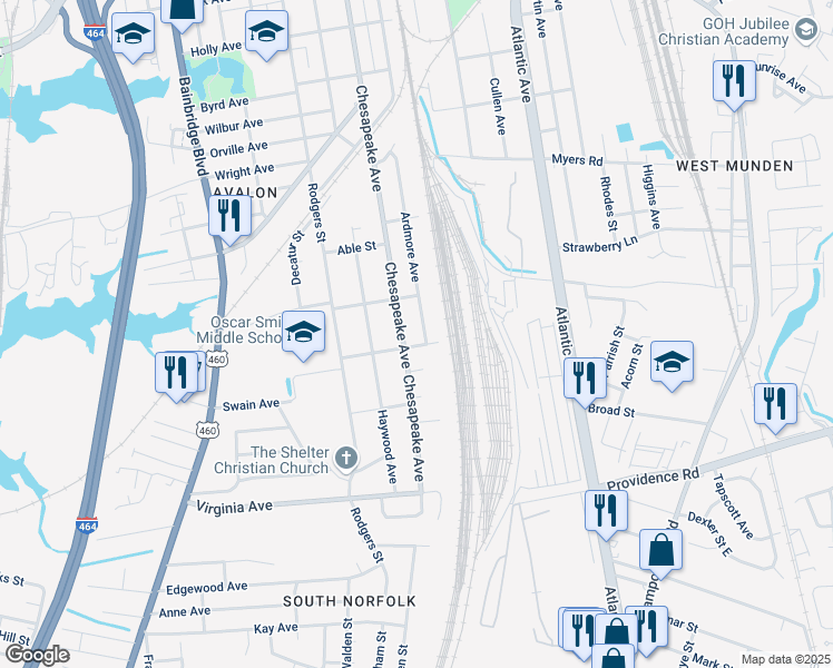 map of restaurants, bars, coffee shops, grocery stores, and more near 2309 Chesapeake Avenue in Chesapeake