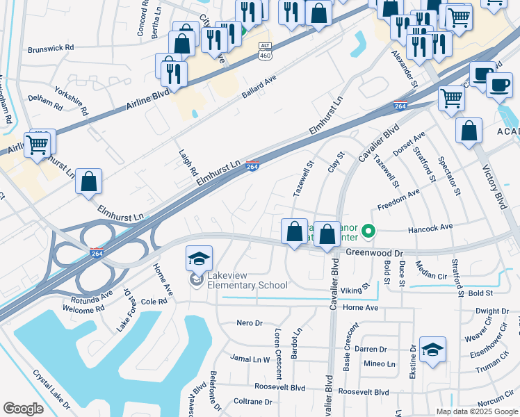 map of restaurants, bars, coffee shops, grocery stores, and more near 1649 Darren Circle in Portsmouth