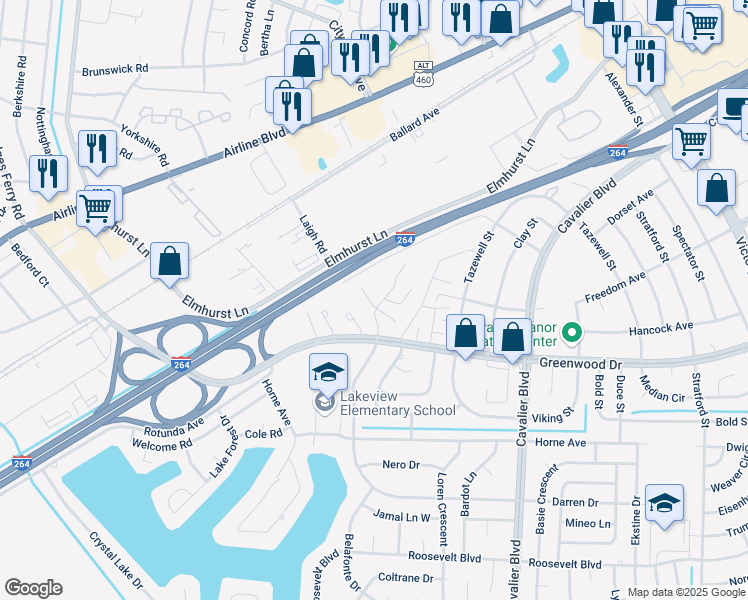 map of restaurants, bars, coffee shops, grocery stores, and more near 1564 Darren Circle in Portsmouth