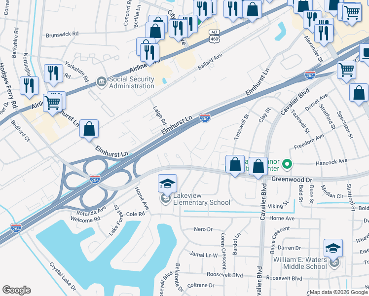map of restaurants, bars, coffee shops, grocery stores, and more near 1564 Darren Circle in Portsmouth