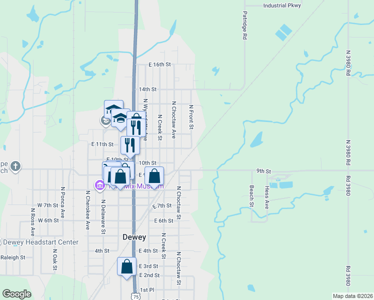 map of restaurants, bars, coffee shops, grocery stores, and more near 1111 North Front Street in Dewey