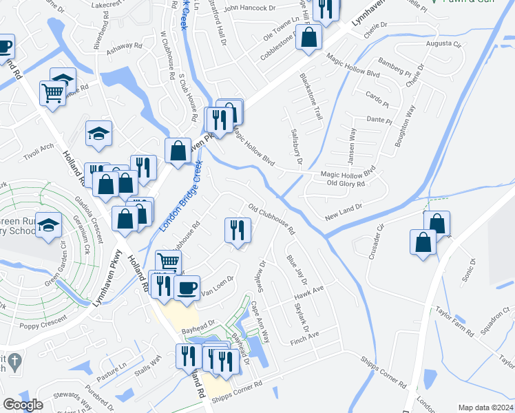 map of restaurants, bars, coffee shops, grocery stores, and more near 1193 Old Clubhouse Road in Virginia Beach