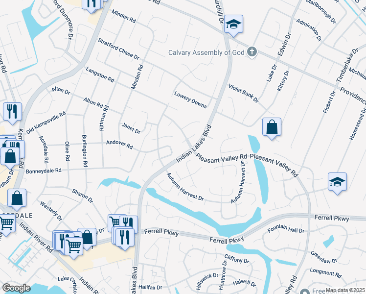map of restaurants, bars, coffee shops, grocery stores, and more near 5051 Pleasant Valley Road in Virginia Beach