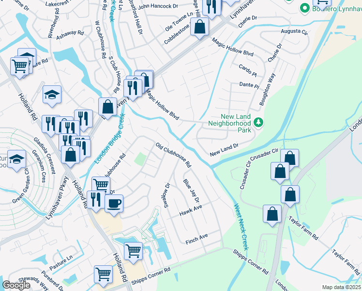 map of restaurants, bars, coffee shops, grocery stores, and more near 3010 Delaware Crossing in Virginia Beach