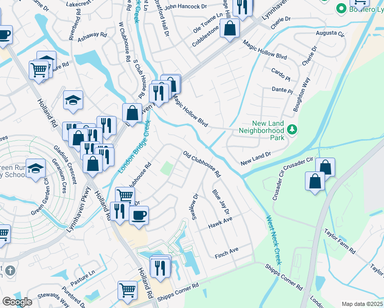 map of restaurants, bars, coffee shops, grocery stores, and more near 1193 Old Clubhouse Road in Virginia Beach