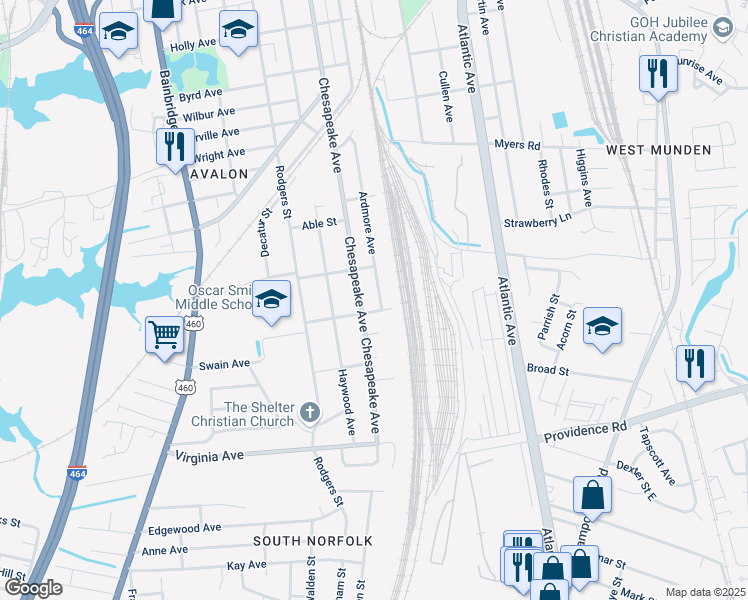 map of restaurants, bars, coffee shops, grocery stores, and more near 2309 Chesapeake Avenue in Chesapeake