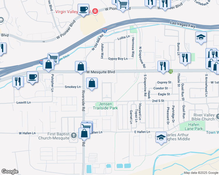 map of restaurants, bars, coffee shops, grocery stores, and more near 721 Ocotillo Lane in Mesquite
