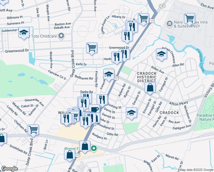 map of restaurants, bars, coffee shops, grocery stores, and more near 123 Good Hope Lane in Portsmouth