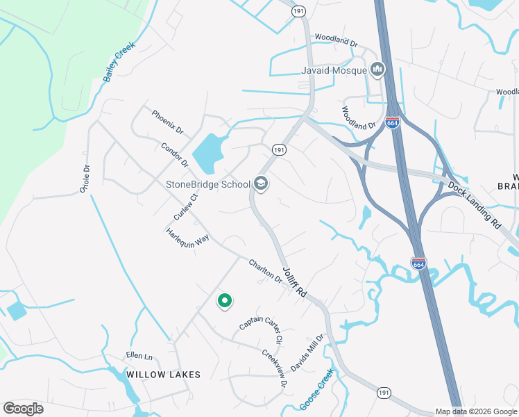 map of restaurants, bars, coffee shops, grocery stores, and more near 1629 Jolliff Road in Chesapeake