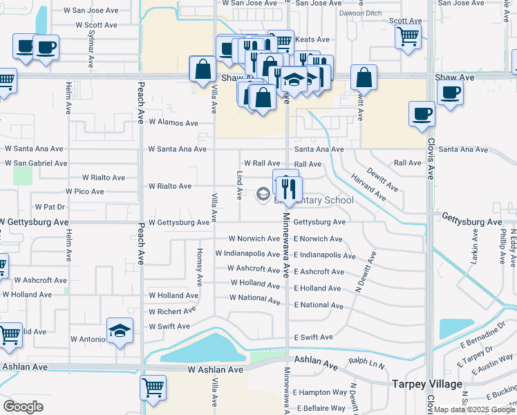 map of restaurants, bars, coffee shops, grocery stores, and more near 2700 Minnewawa Avenue in Clovis