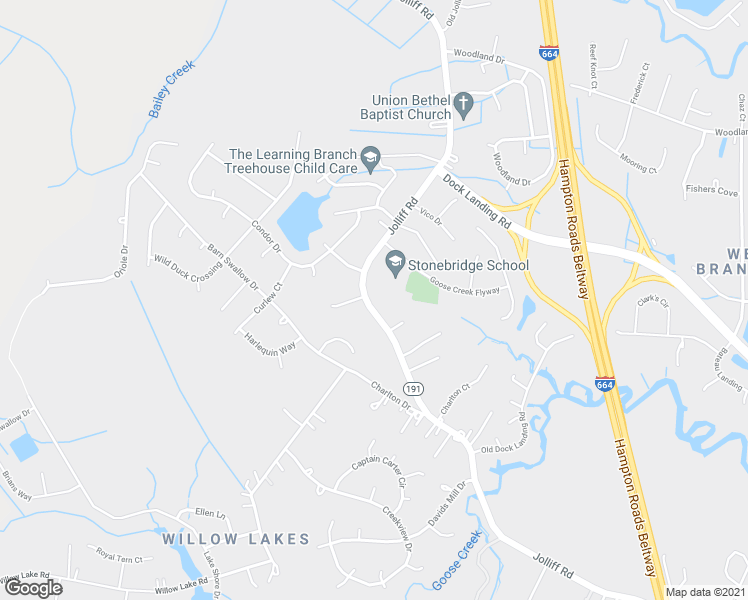 map of restaurants, bars, coffee shops, grocery stores, and more near 1601 Jolliff Road in Chesapeake