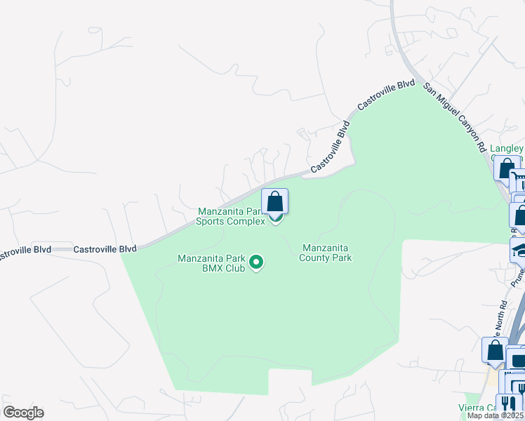 map of restaurants, bars, coffee shops, grocery stores, and more near Manzanita Park Lane in Prunedale