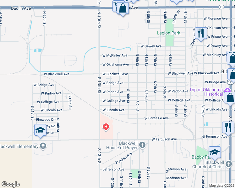 map of restaurants, bars, coffee shops, grocery stores, and more near 1216 West Padon Avenue in Blackwell