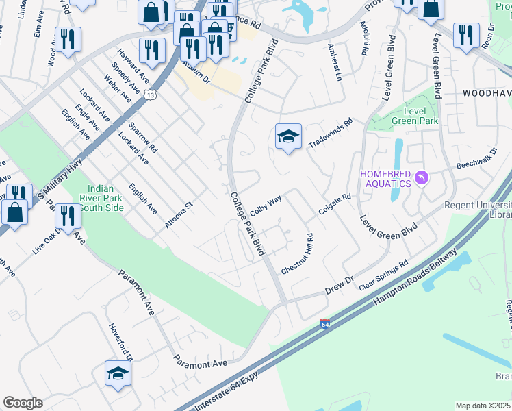 map of restaurants, bars, coffee shops, grocery stores, and more near 6320 Colby Way in Virginia Beach