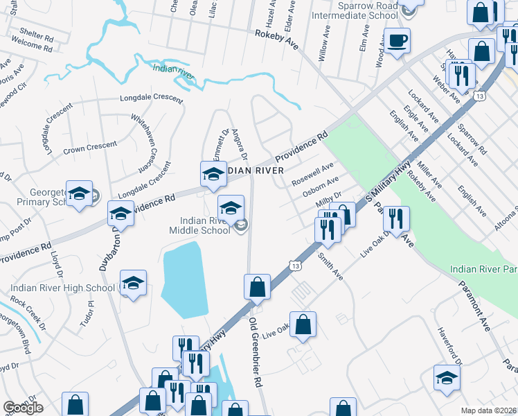 map of restaurants, bars, coffee shops, grocery stores, and more near 2519 Old Greenbrier Road in Chesapeake
