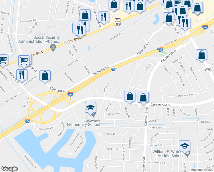 map of restaurants, bars, coffee shops, grocery stores, and more near 1600 Darren Circle in Portsmouth